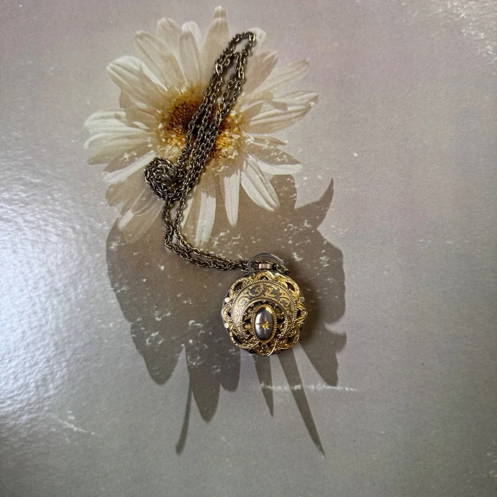 Vintage Lucerne Swiss Made Antimagnetic Pendant Watch Gold Tone Filigree Chain